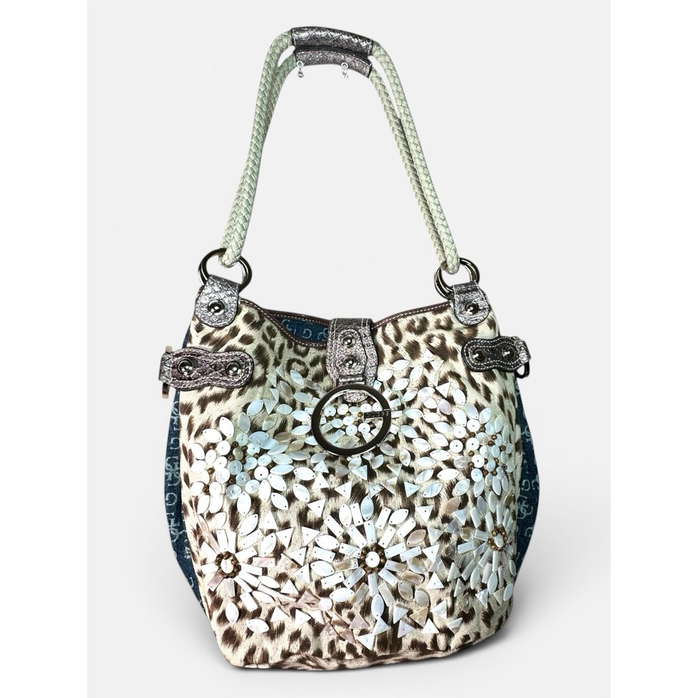 Y2K GUESS Moon Safari  Denim Leopard Iridescent Shell Embellished Hobo Bag